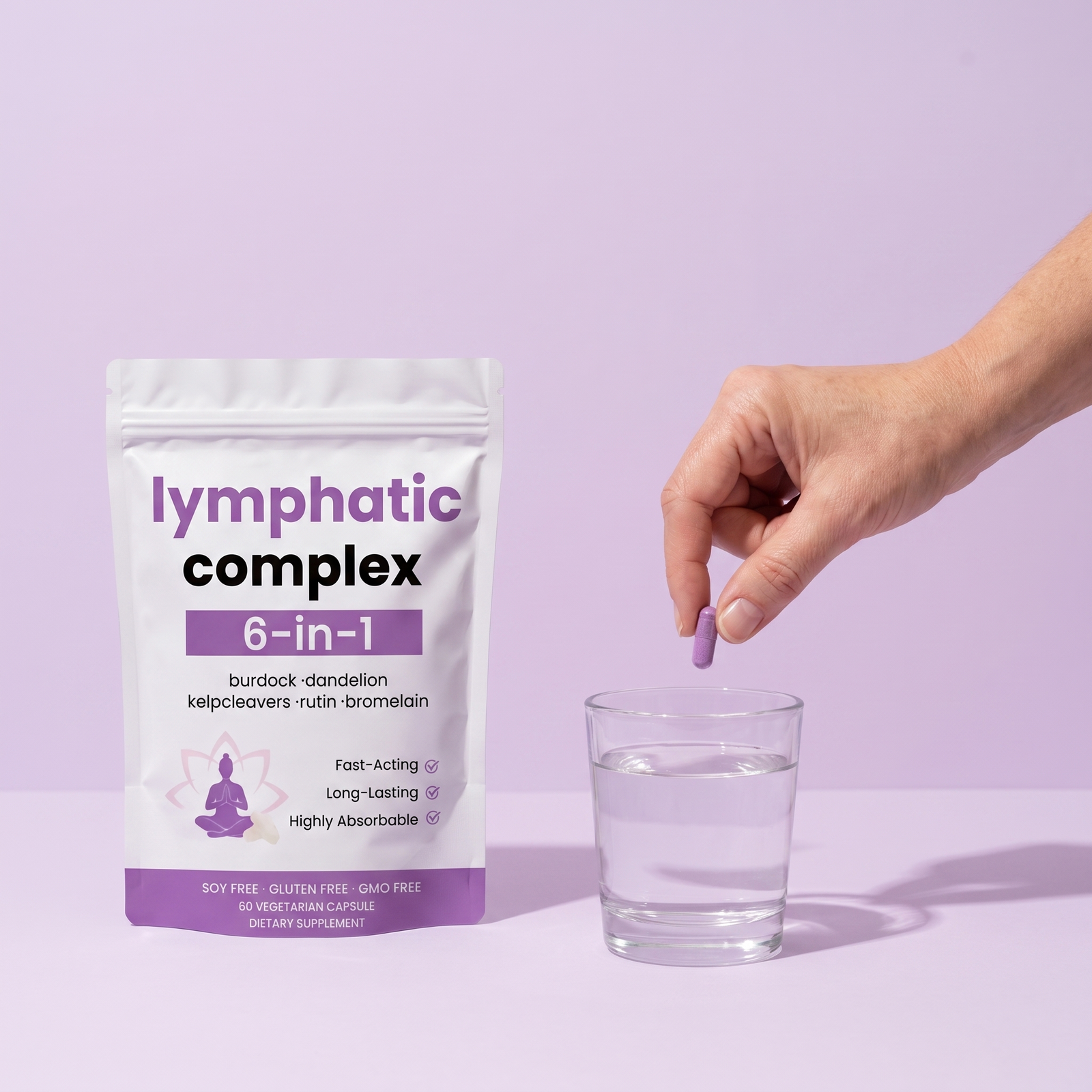 Noctura 6-in-1 Lymphatic Complex pouch with a capsule and a glass of water